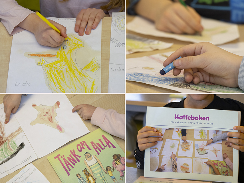 Barnen i förskoleklassen på Hällesåkersskolan skapar sin bok Kaffeboken