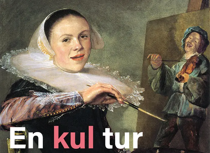 Oljetavla med en kvinna som målar en oljetavla. Texten En kul tur.