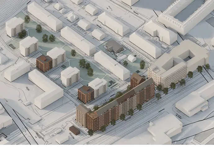 Översiktlig illustrationsbild över området med föreslagen ny bebyggelse flerbostadshus, äldreboende och tillbyggnad av befintliga punkthus