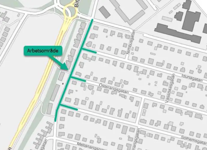 En karta som visar Lammevallsgatan. Ett grönst streck går från mellanängsgatan till Frejagatan och visar var arbete pågår med byte av ledningar.