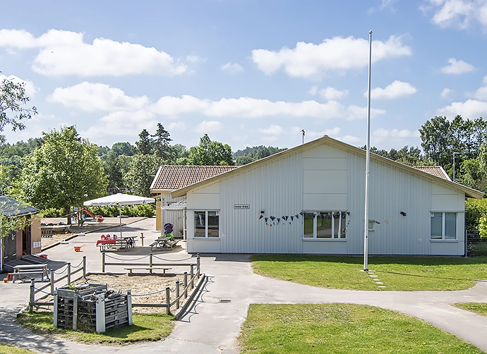 Förskolegården i förgrunden med insektshotell, lekredskap och sandlådor med förskolan i bakgrunden