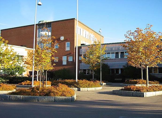 skolbyggnad med träd med höstlöv i förgrunden