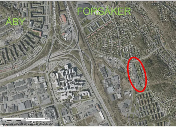 Kartbild av området med röd cirkel som markerar det berörda området. Till norr syns Forsåker och till nordväst syns Åby.