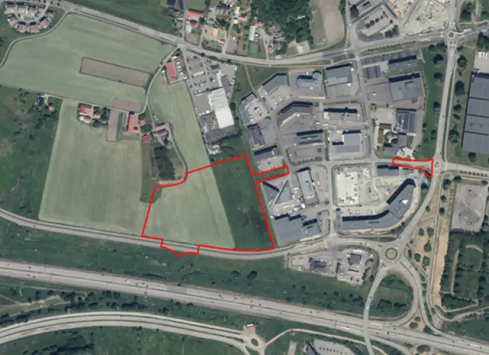 Ortofoto planområdet Fässberg 1:4 och Fässberg 1:57 m.fl. Till söder syns Söderleden nära Fässbergsmotet.