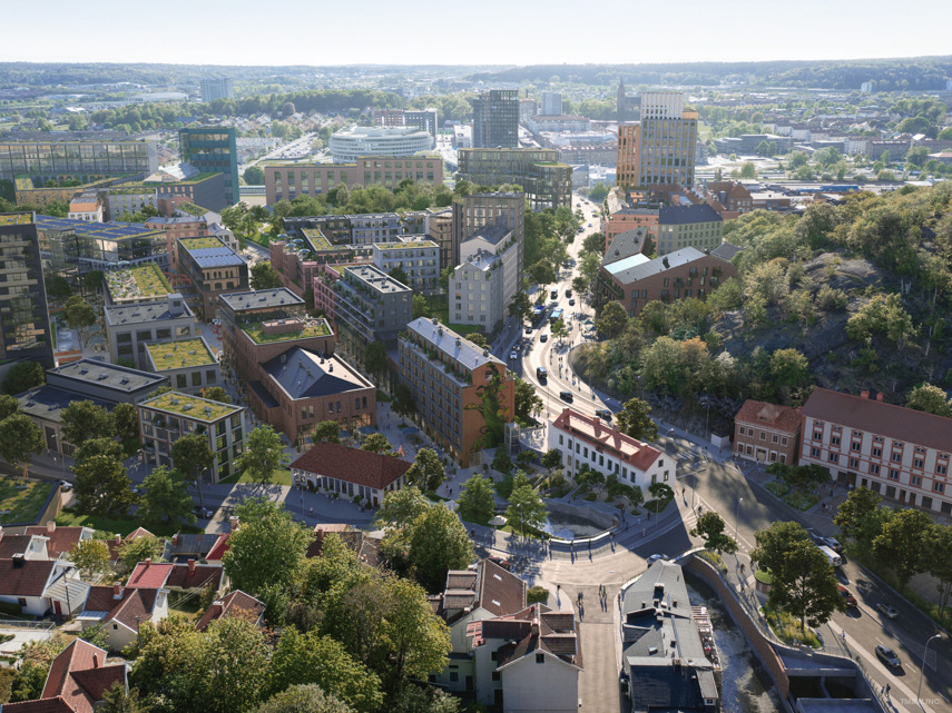 Visionsbild över Forsåkers norra del, med bland annat stråket av de historiska byggnaderna och den nya stadsgatan.