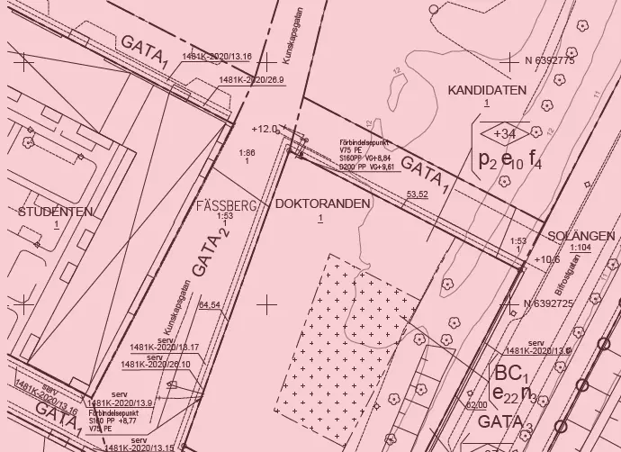 Ett utsnitt ur en grundkarta i rosa färgton som visar området Doktoranden i Mölndal