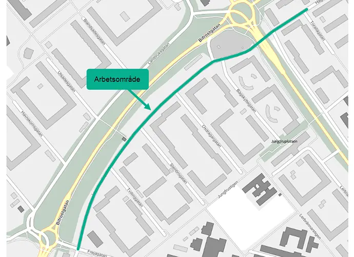 En karta som visar Lammevallsgatan och området runt. Ett grönt streck visar arbetsområdet.