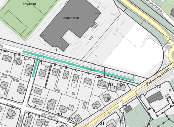 En karta visar en del av Solängen och östra delen av Frejagatan. En del av gatan är markerad med grönt och visar var arbete ska ske.