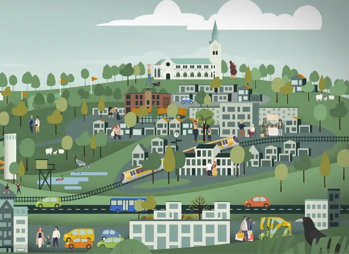 En illustration av över Lindome med en kyrka, gröna kullar och en järnväg. Flera människor syns i olika aktiviteter.