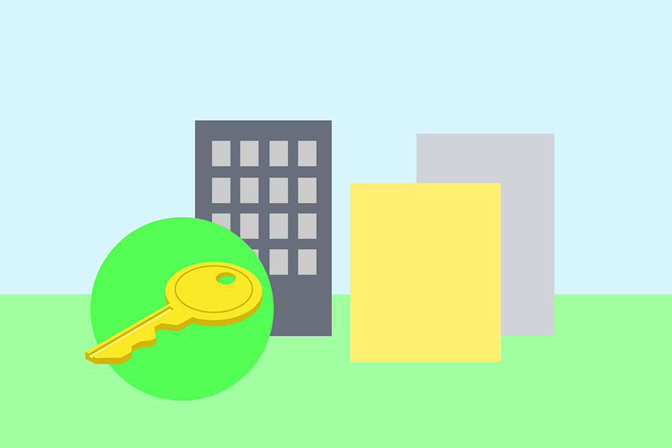 Enkel illustration. En nyckel i en grön cirkel. Grönt gräs och ljusblå himmel. Bakom och till höger om nyckeln finns tre rektangulära objekt som kan leda tanken till flerfamiljshus.