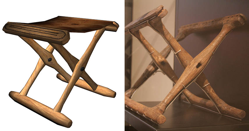 Till vänster är en 3D-modell av en pall från spelet. Till höger originalet på museum.