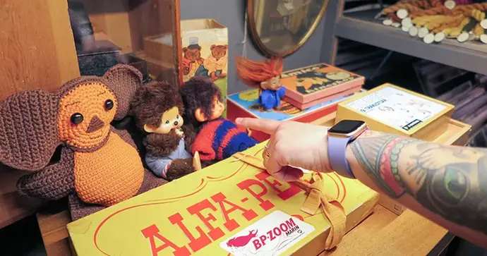 Närbild på en arm som pekar mot tre leksaker i en hylla.