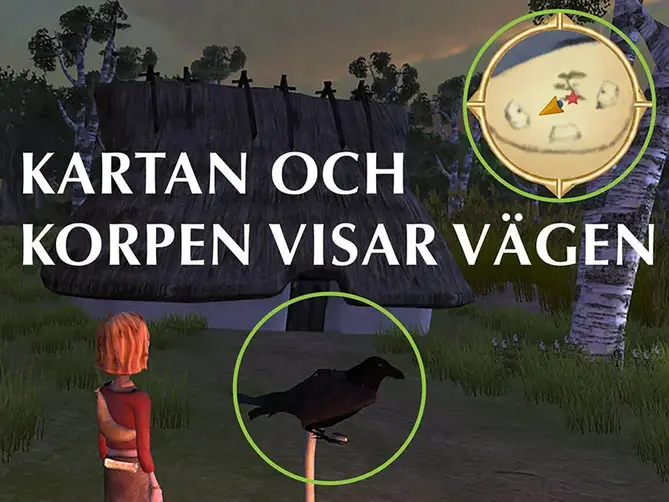 En dataanimerad bild på en korp och en karta.