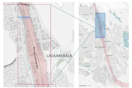 Bilden visar planområdet inom röd och blå markering. Det rosamarkerade området är Trafikverkets järnvägskorridor i ett tidigt skede.