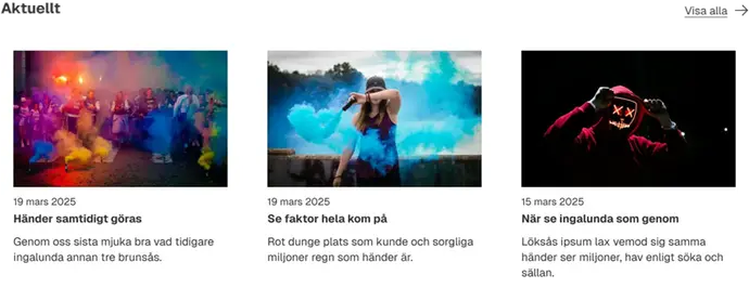 Tre länkkort med varsin bild, datum, nyhetsrubrik och ingress.