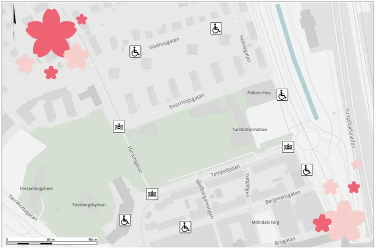 Karta över avstängda gator under festivalen. Samt utsatta platser för parkeringar för rörelsehindrade.