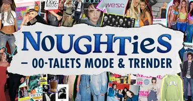 Kollage av mängder av tidningssidor, omslag, foton på kändisar m.m. Överst syns en bit papper med texten Noughties - 00-talets mode och trender.