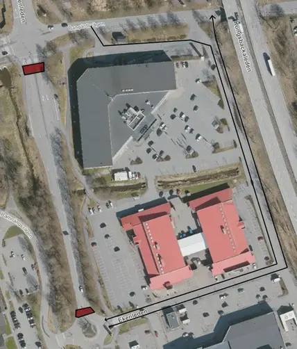 Karta över ett område där vägen ska stängas av. Ekenleden stängs av i höj med Bangårdsgatan.