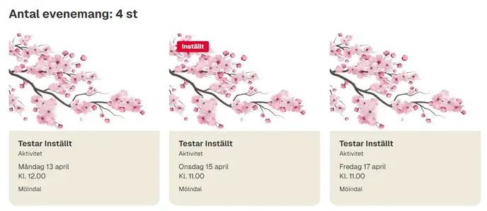 Visar tre event var av ett har en röd skylt med texten Inställt.