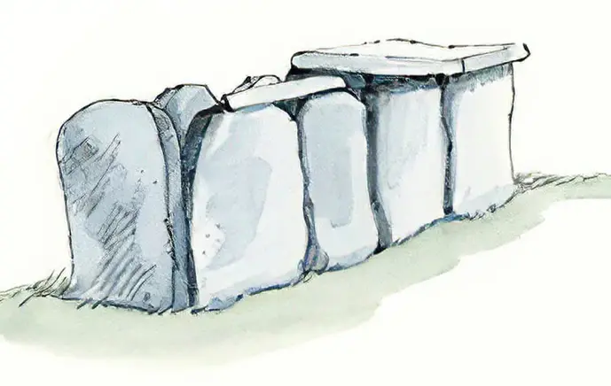 En illustration i akkvarell av en hällkista. Släta stenar står sida vid sida och bildar som en kista, 
