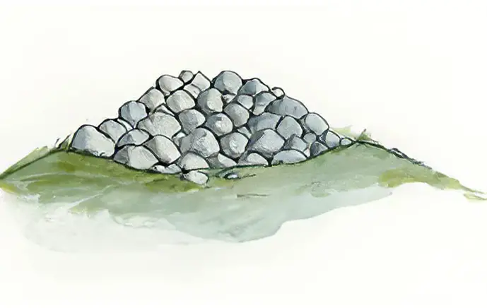 En illustration av ett röse. Runda stenar ligger i en hög.