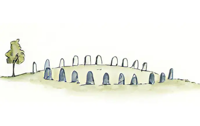 Illustration i akvarell av en skeppsättning. Flata stenar är resta i form av ett skepp på en äng. 